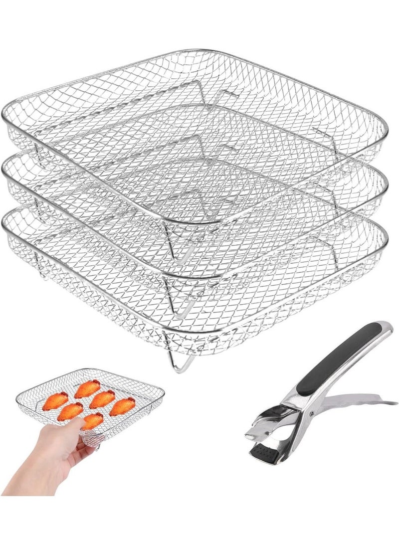 ChicAbode حامل تحميص الهواء المربع، حامل تحميص الهواء متعدد الطبقات من الفولاذ المقاوم للصدأ بثلاث طبقات مع مصيدة مضادة للاشتعال، إكسسوارات تحميص الهواء من الفولاذ المقاوم للصدأ (فضي) - Image 1